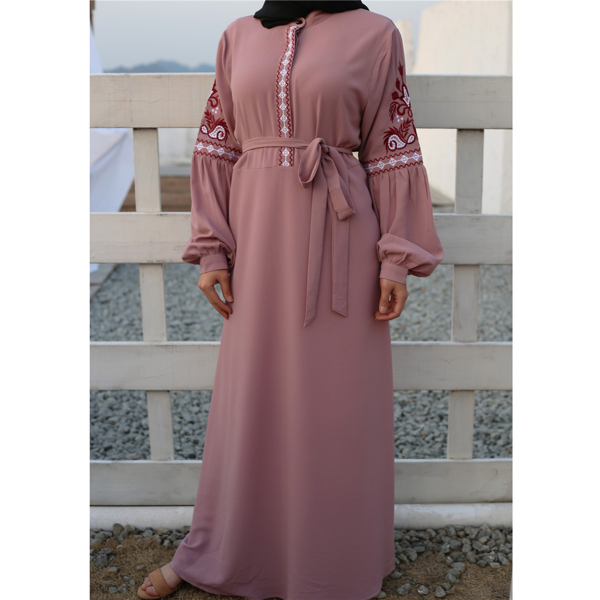 Islamic Long-sleeved Chiffon Embroidery Casual Dress Muslim Modest Abaya (3)