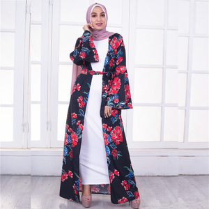 Middle East Islamic Clothing Dubai Oman Muslim Fashion Print Black Cardigan Dresses
