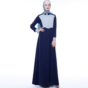 2021 Fashion Color Block Collar Muslim Modest Abaya Islamic Maxi Dress