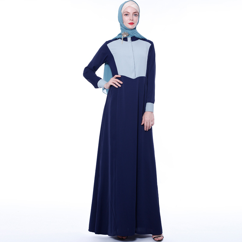 2021 Fashion Color Block Collar Muslim Modest Abaya Islamic Maxi Dress