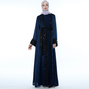 2021 New Muslim Kimono Imitation Silk Sequined Cardigan Lace-up Modest Open Abaya