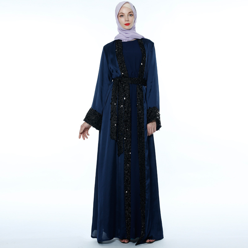 2021 New Muslim Kimono Imitation Silk Sequined Cardigan Lace-up Modest Open Abaya