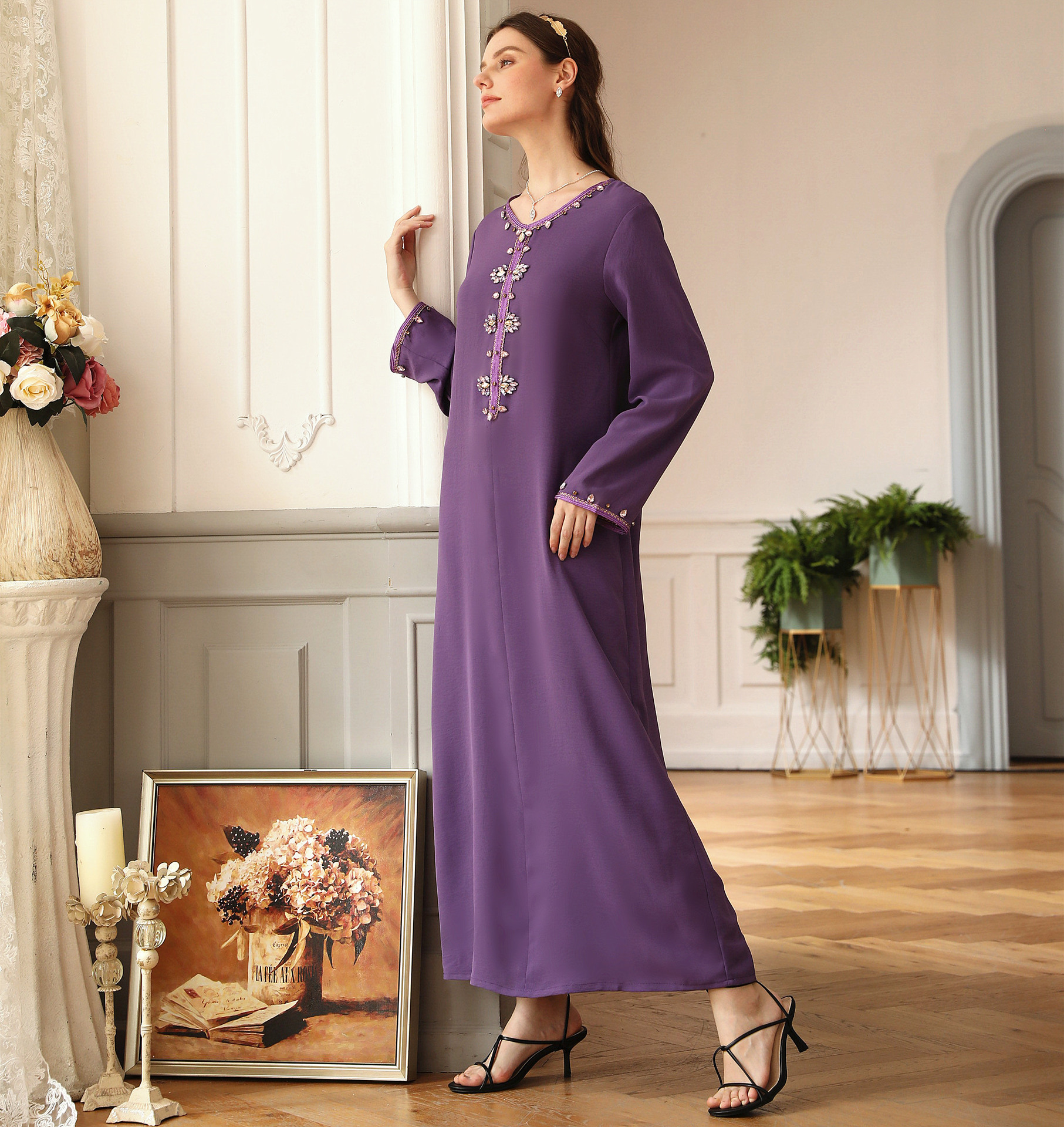 Handmade Beading V Neck Selvedge Modest Muslim Islamic Abaya Maxi Dress (10)