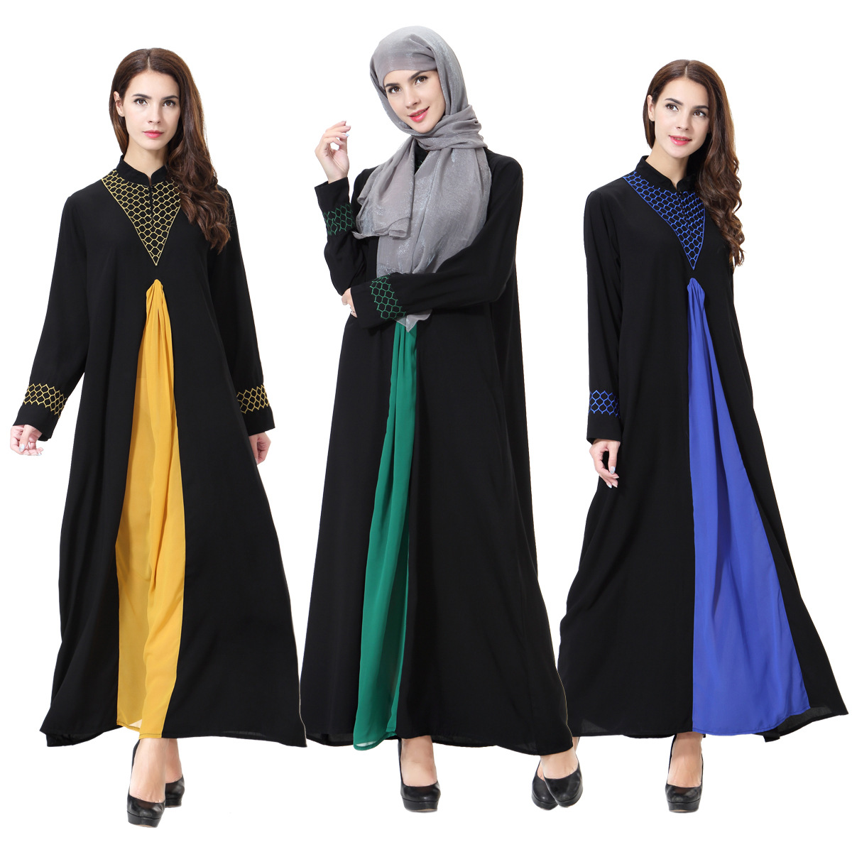 FREE SHIPPING Comfortable High Neck Breathable Embroidered Solid Long Sleeve Muslim Islamic Women Abaya Dresses Clothing