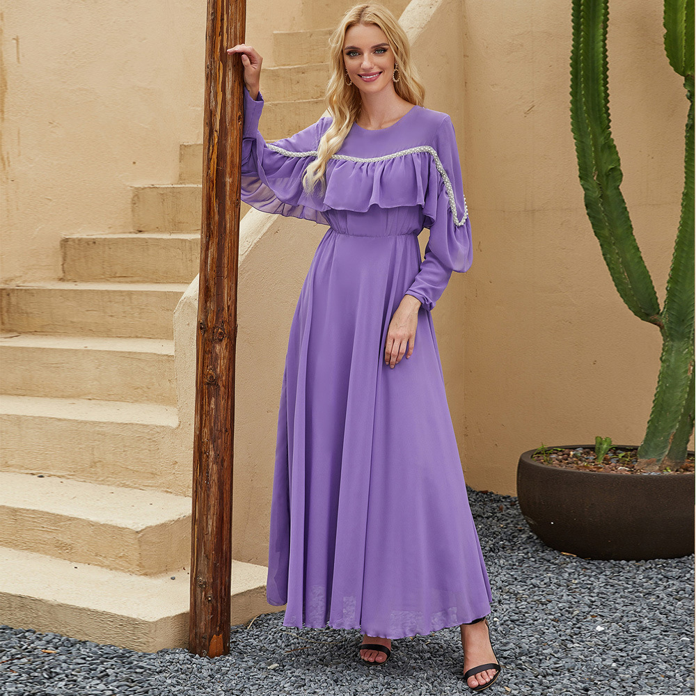 Middle East Shirring Ruffle Chiffon Muslim Islamic Abaya Maxi Dress