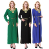 Black V-Neck Applique Breathable Long Sleeve Solid Muslim Islamic Women Abaya Dress Clothing