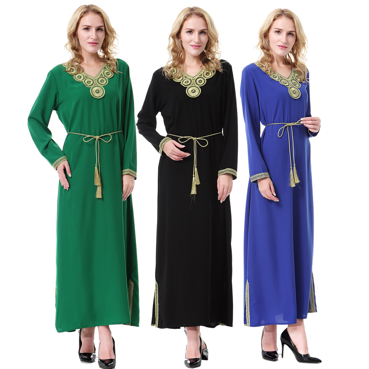 Black V-Neck Applique Breathable Long Sleeve Solid Muslim Islamic Women Abaya Dress Clothing