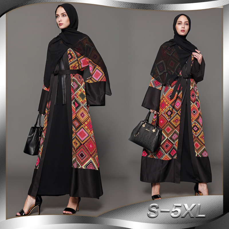 Retro Printing Contrast Color Modest Muslim Cardigan Open Abaya Kimono