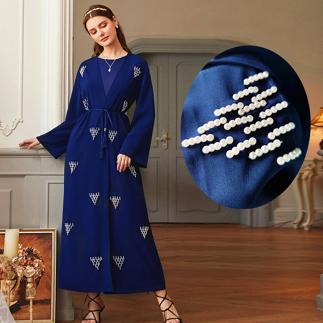  Pearl Navy Open Cardigan Robe Modest Muslimah Dubai Maxi Dresses Islamic Women's Abaya