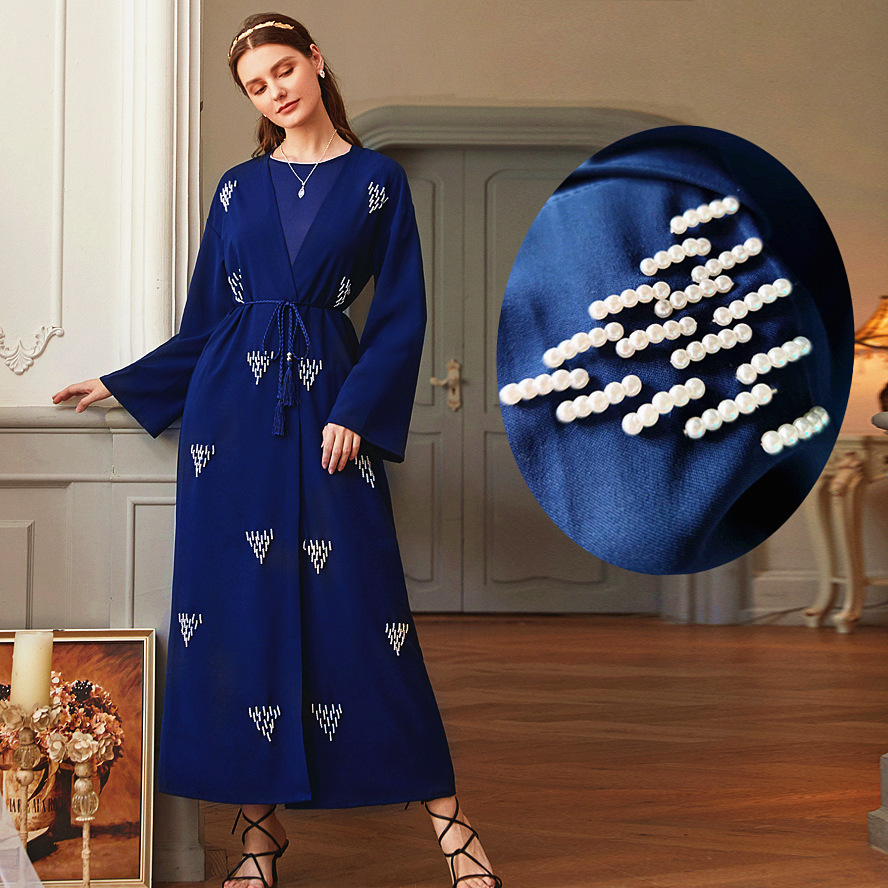  Pearl Navy Open Cardigan Robe Modest Muslimah Dubai Maxi Dresses Islamic Women's Abaya