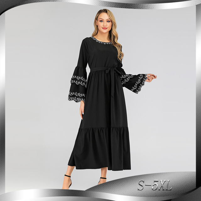 Middle Eastern Muslim Fashion Petal Sleeve Dress Long Sleeve Embroidered Slim Abaya