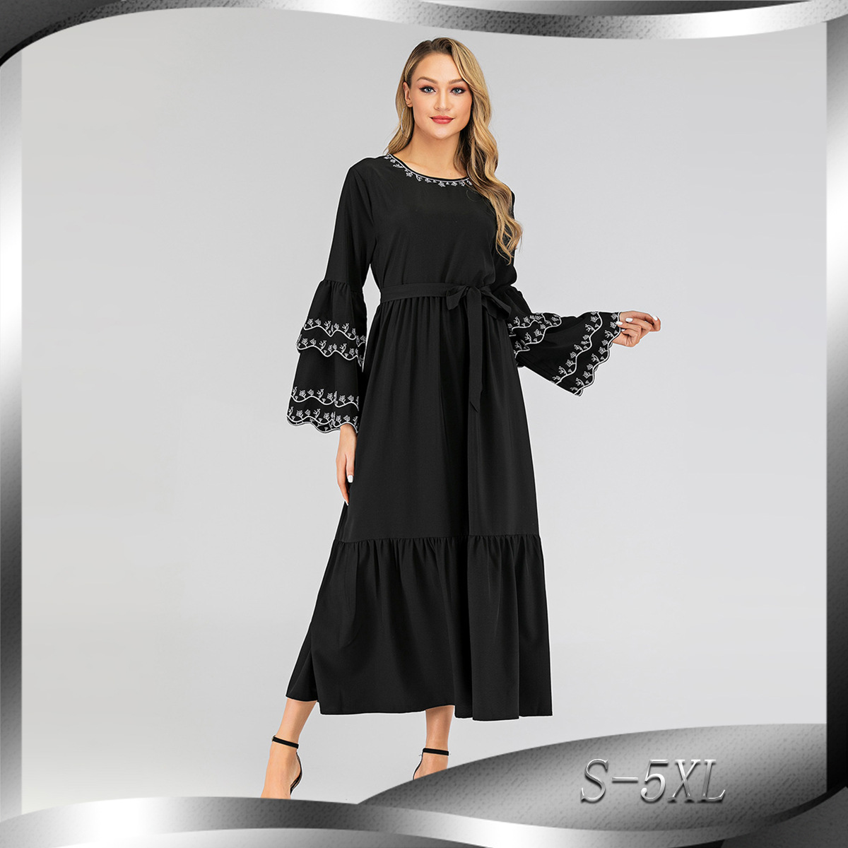 Middle Eastern Muslim Fashion Petal Sleeve Dress Long Sleeve Embroidered Slim Abaya