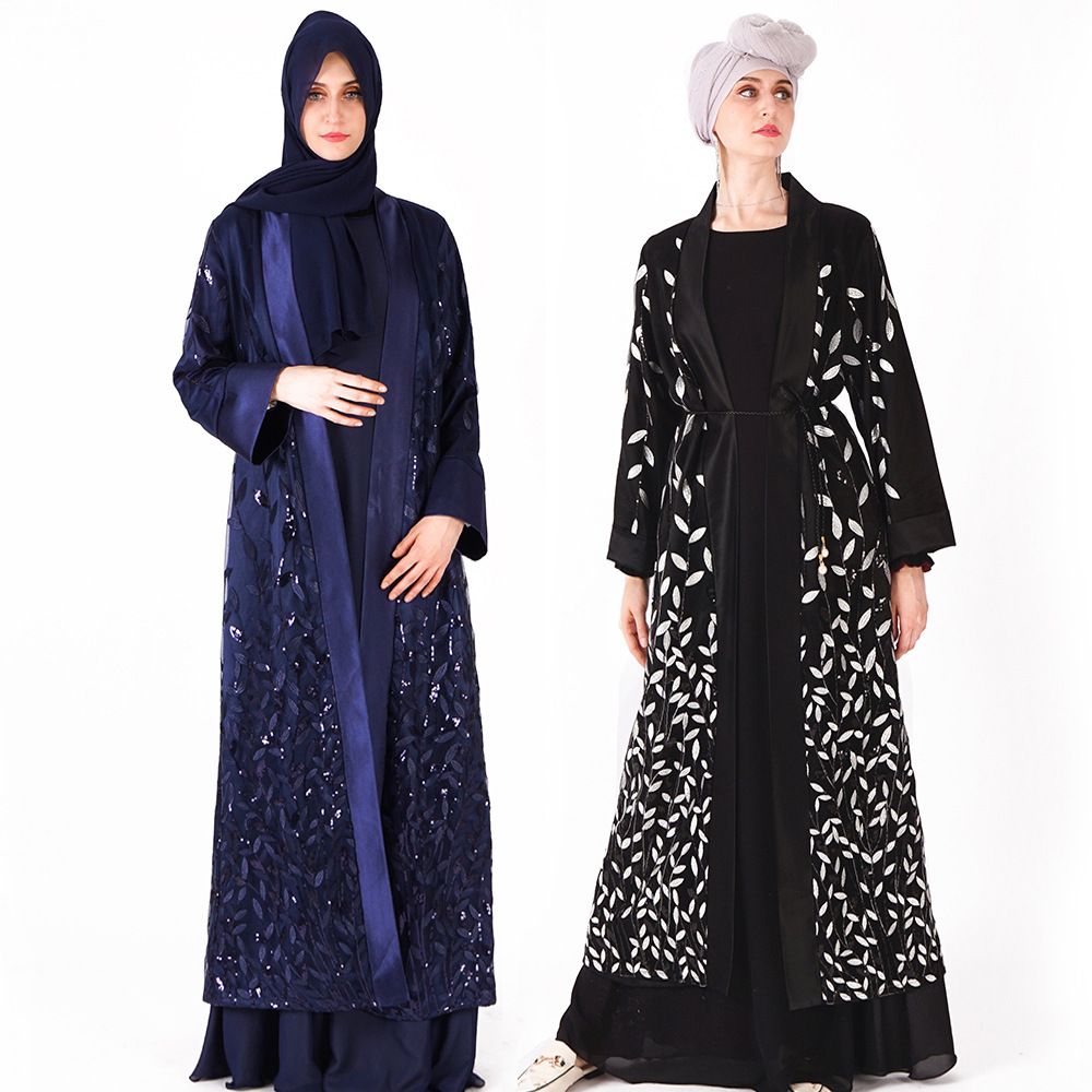 Sequins Lace Open Cardigan Robe Modest Lady Skirt Dubai Maxi Dresses Islamic Women's Abaya