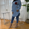 2022 Spring And Autumn Muslim Fashion Women's Casual All-match Embroidered Lapel Long-sleeved Slim Plus Size Denim Top