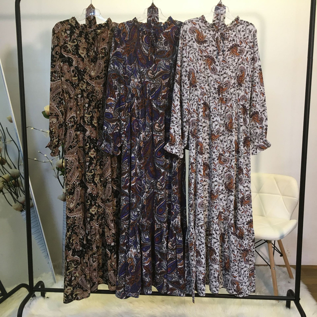 2022 New Muslim Fashion Printed Casual Long Skirt with Big Swing Lace-up Dubai Turkish Dress