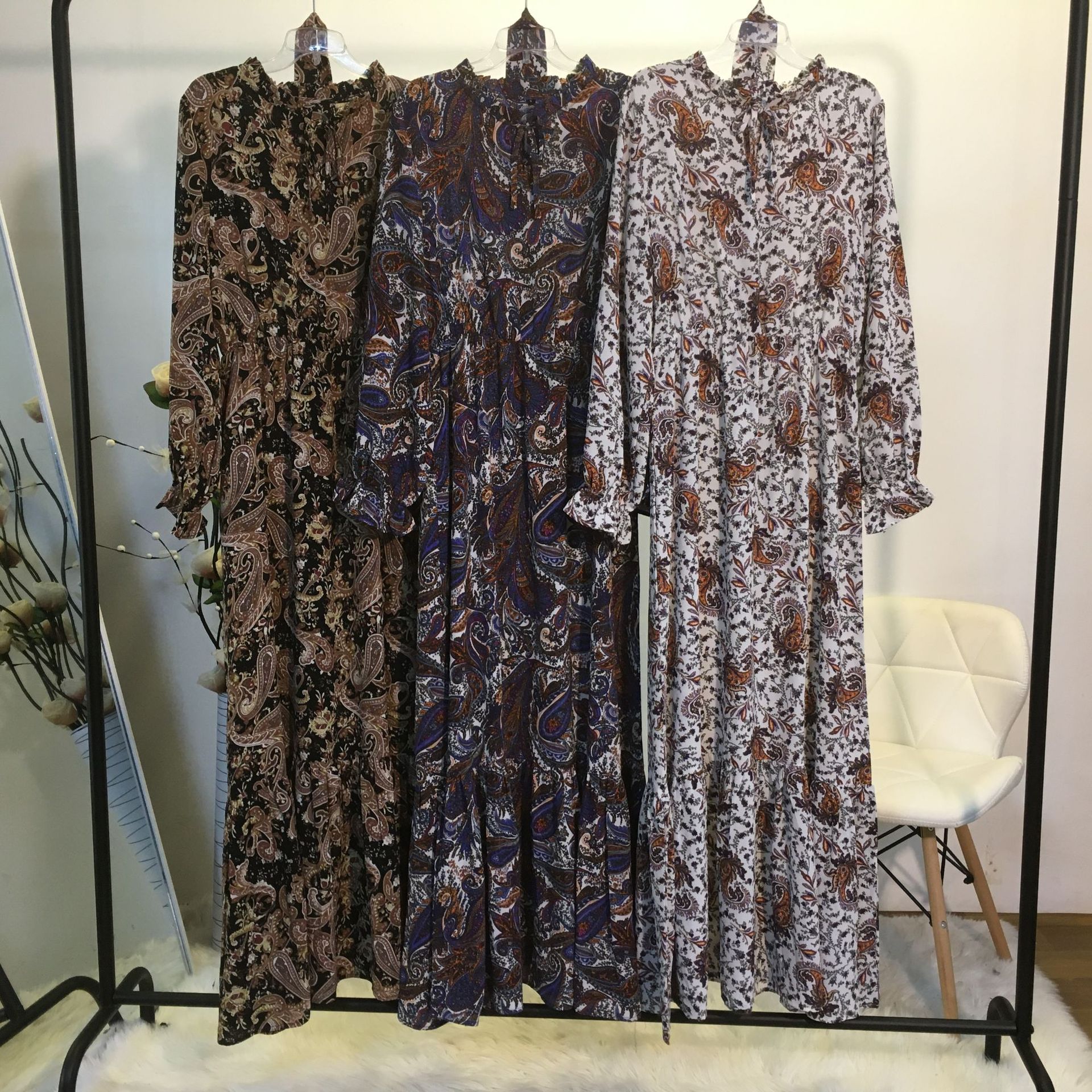 2022 New Muslim Fashion Printed Casual Long Skirt with Big Swing Lace-up Dubai Turkish Dress