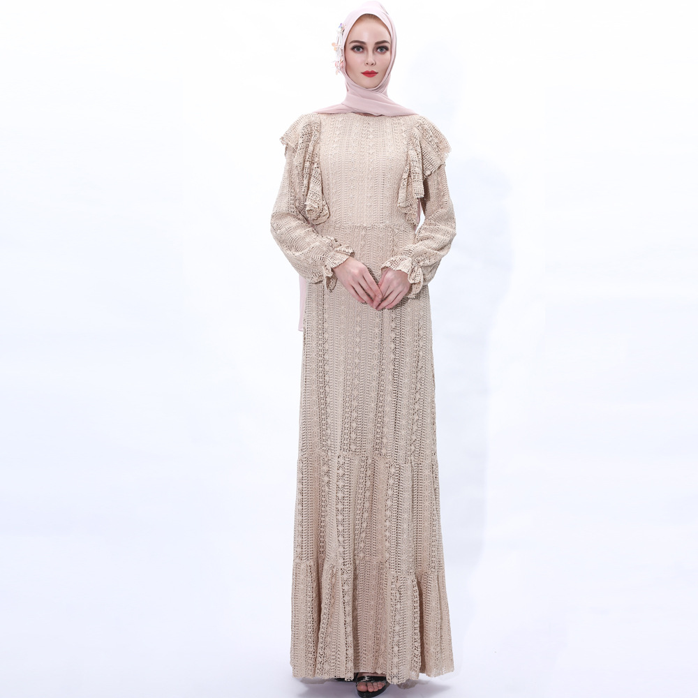 Foreign Trade New Style Lace Dress Muslim Female Lotus Leaf Sleeve Robe Abaya Dress Spot Cross-border
