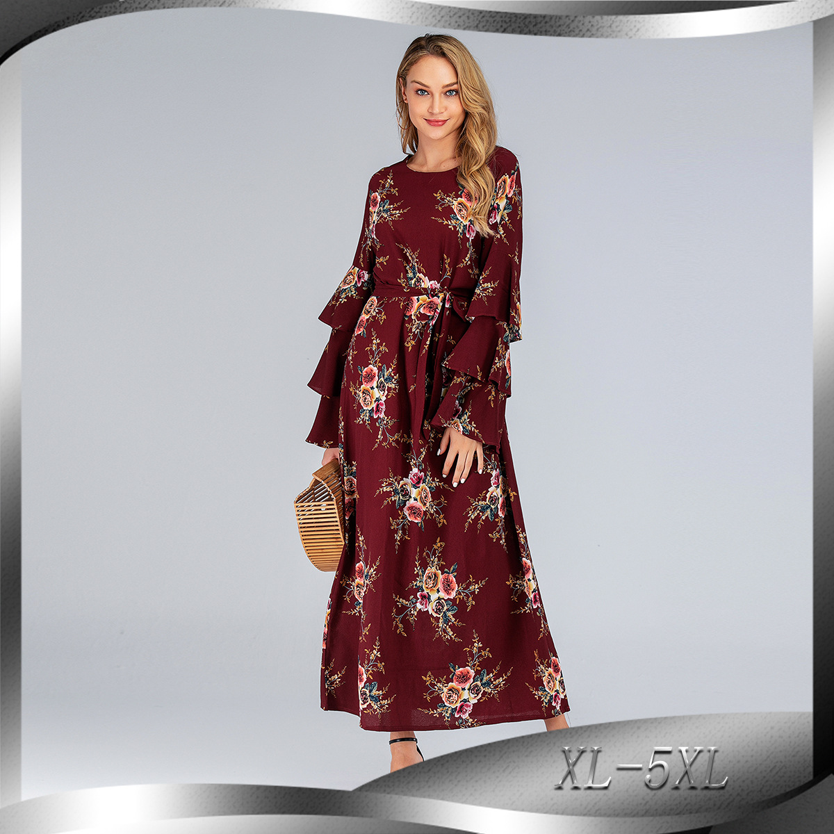 Oversized Fashion Loose Petal Sleeve Long Skirt Round Neck Printed Dress