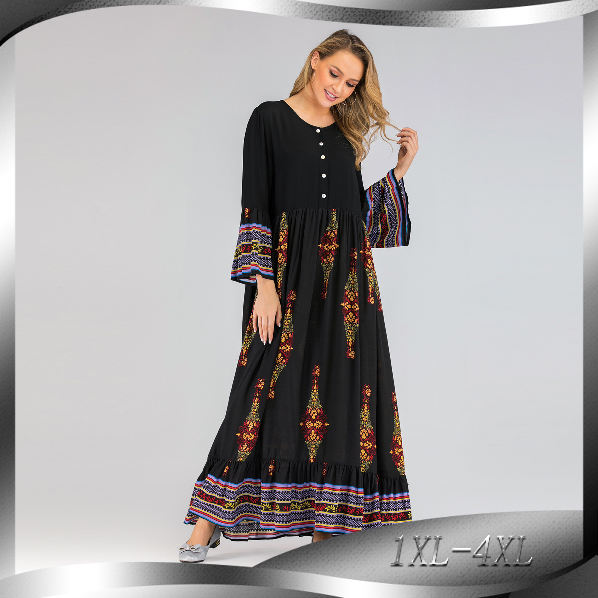 European And American Plus Size Women's New Fashion Casual Loose Long-sleeved Printed Dress