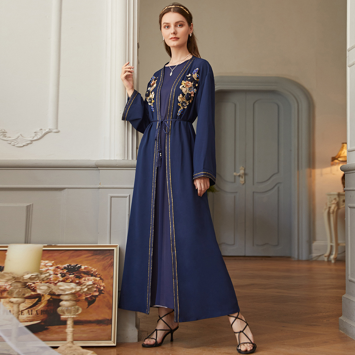Navy Modest Fashion Best Selling Islamic Flower Muslim Robe Kimono Maxi Dresses Loose Abaya