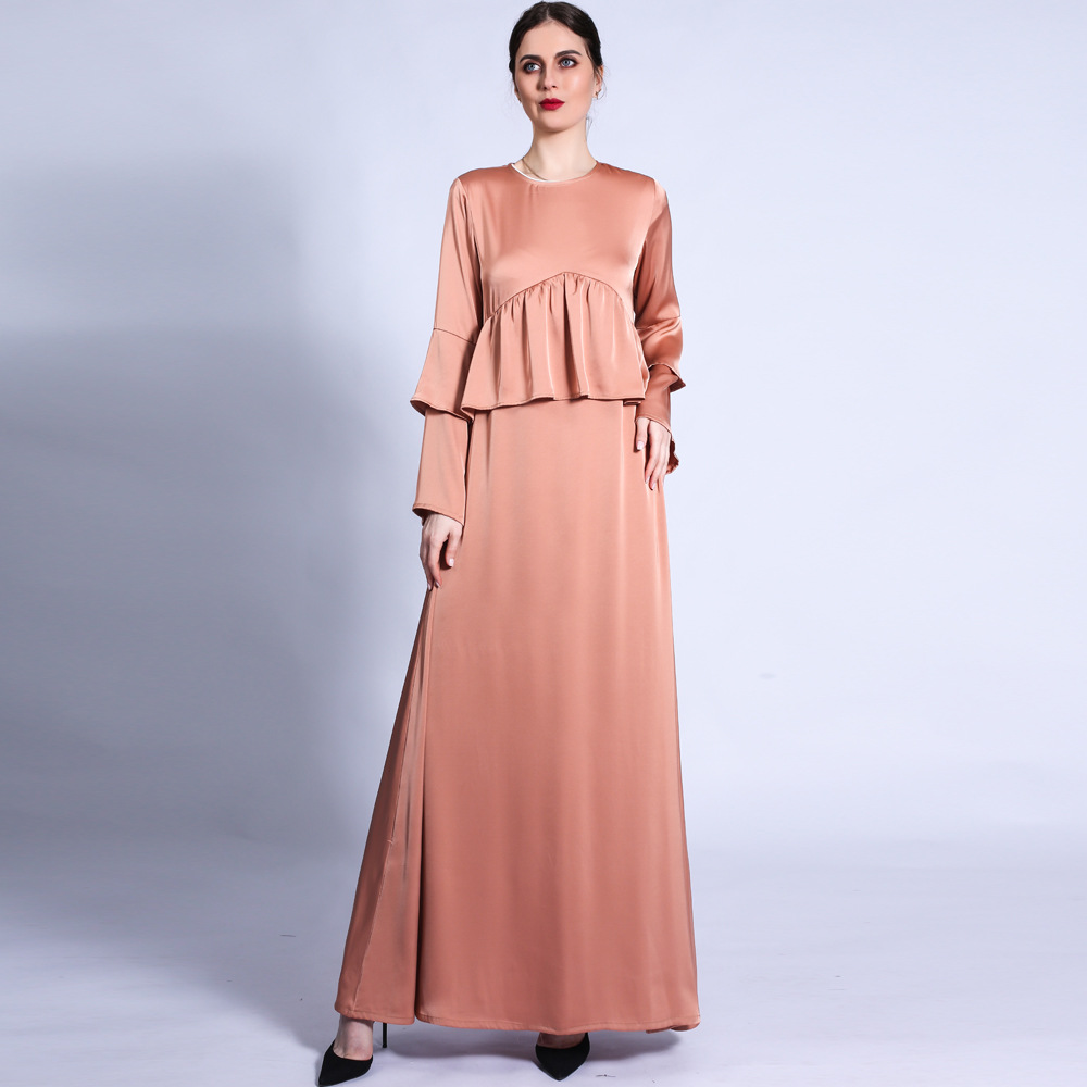 Winter Matte A-line Dress with Double Flared Sleeves Solid Color Long Skirt Muslim Women's Clothing Abaya