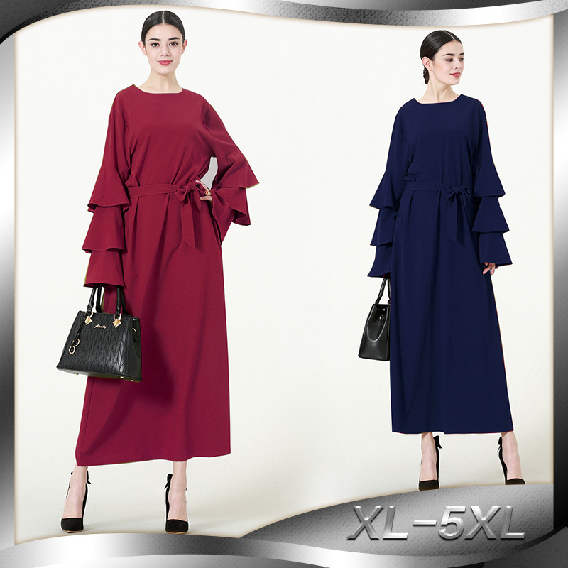 European And American Trend Round Neck Loose Tie Multi-layer Pile Long Sleeve Long Dress Muslim Women