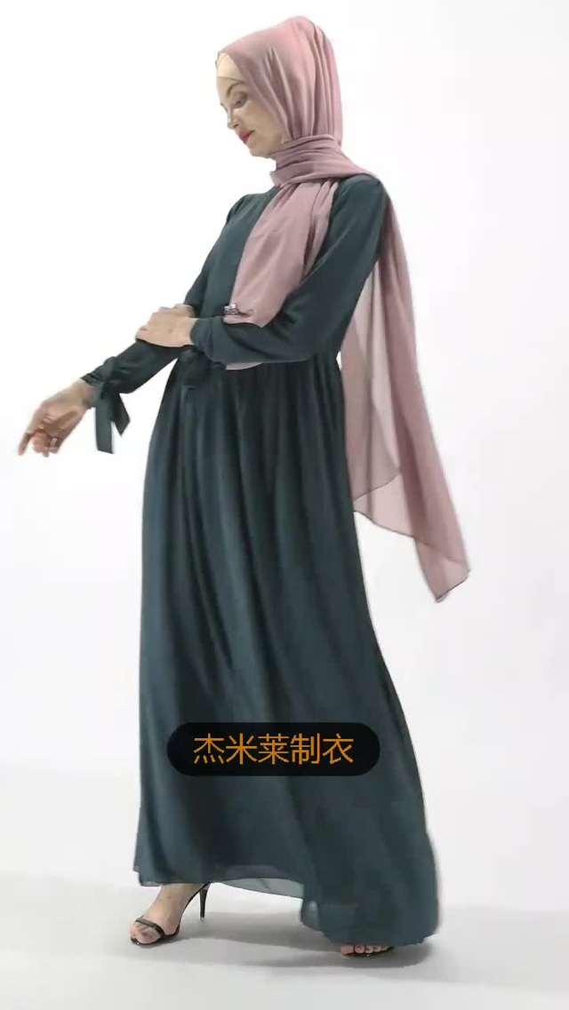 Ramadan NEW Women's Cross-border Turkish Simple Casual Dress Chiffon Bow Sleeve Gauze Skirt Spot
