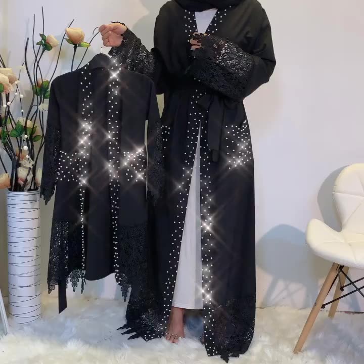2022 Middle East Fashion New Style Bead Stitching Lace with Pocket Arab Muslim Cardigan Robe