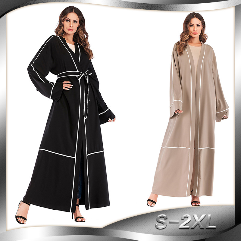 Amazon AliExpress Hot Sale Middle East Contrasting Color Striped Cardigan Muslim Robe Women's Foreign Trade Large Size Long Skirt