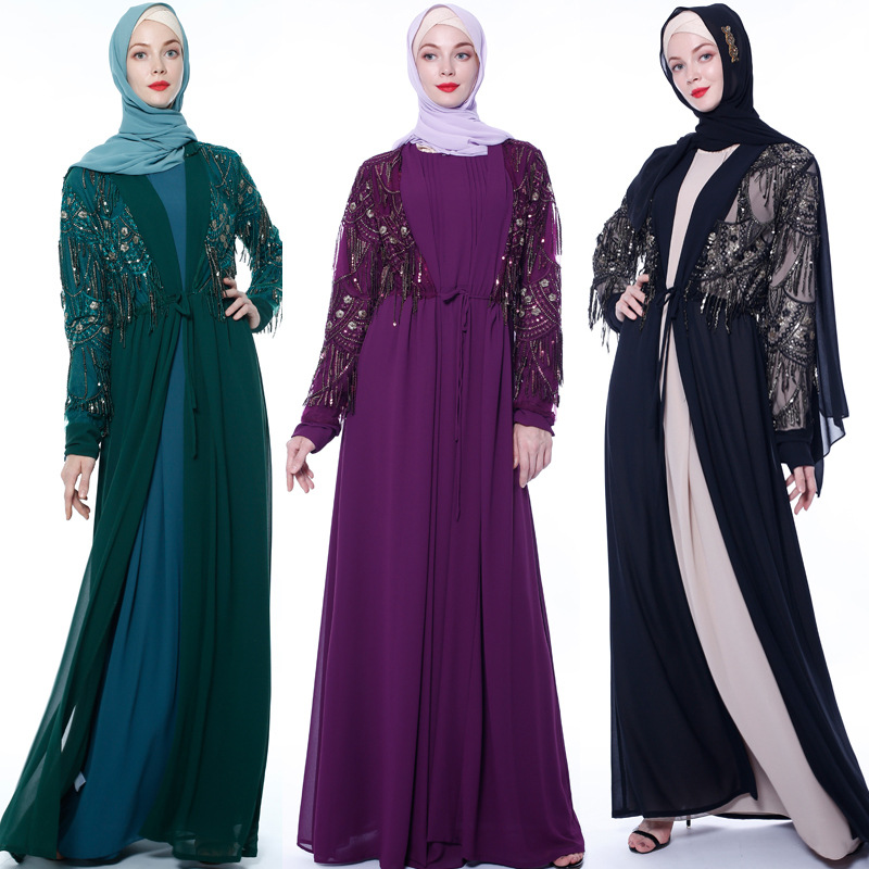 INS new export sequined fringed cardigan Muslim long-sleeved outer wear national costume female skirt summer kimono