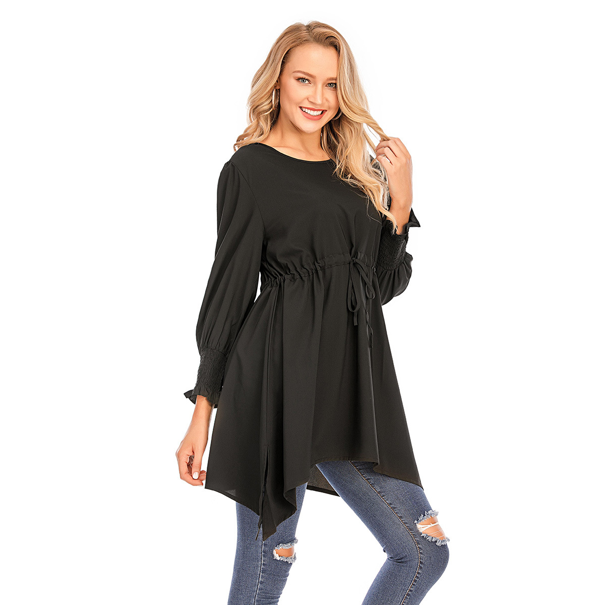 New Style Simple Malaysian Turkish Elastic Band Waist Women's Solid Color Plus Size Blouse
