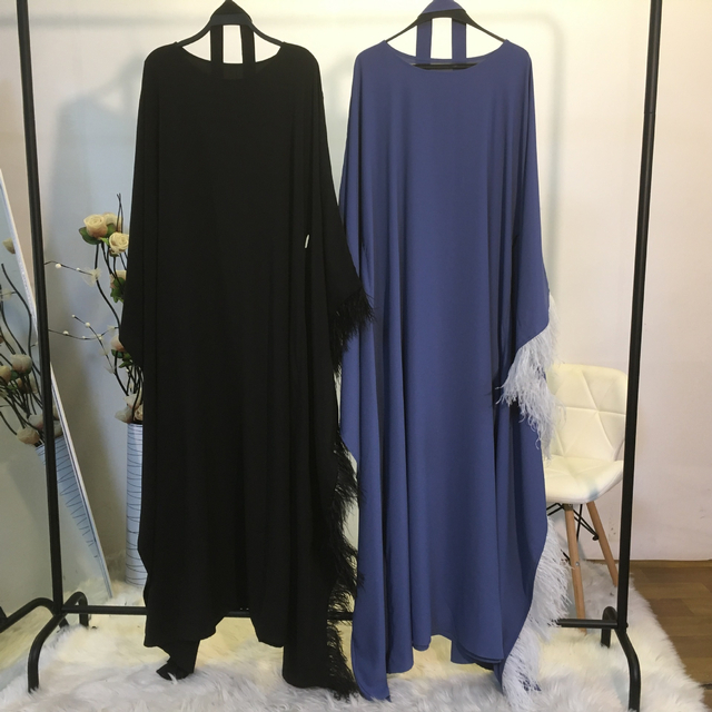 Cross-border Fashion Stitching Feather Elegant Loose Plus Size Muslim Robe Bat Sleeve Women's Dress