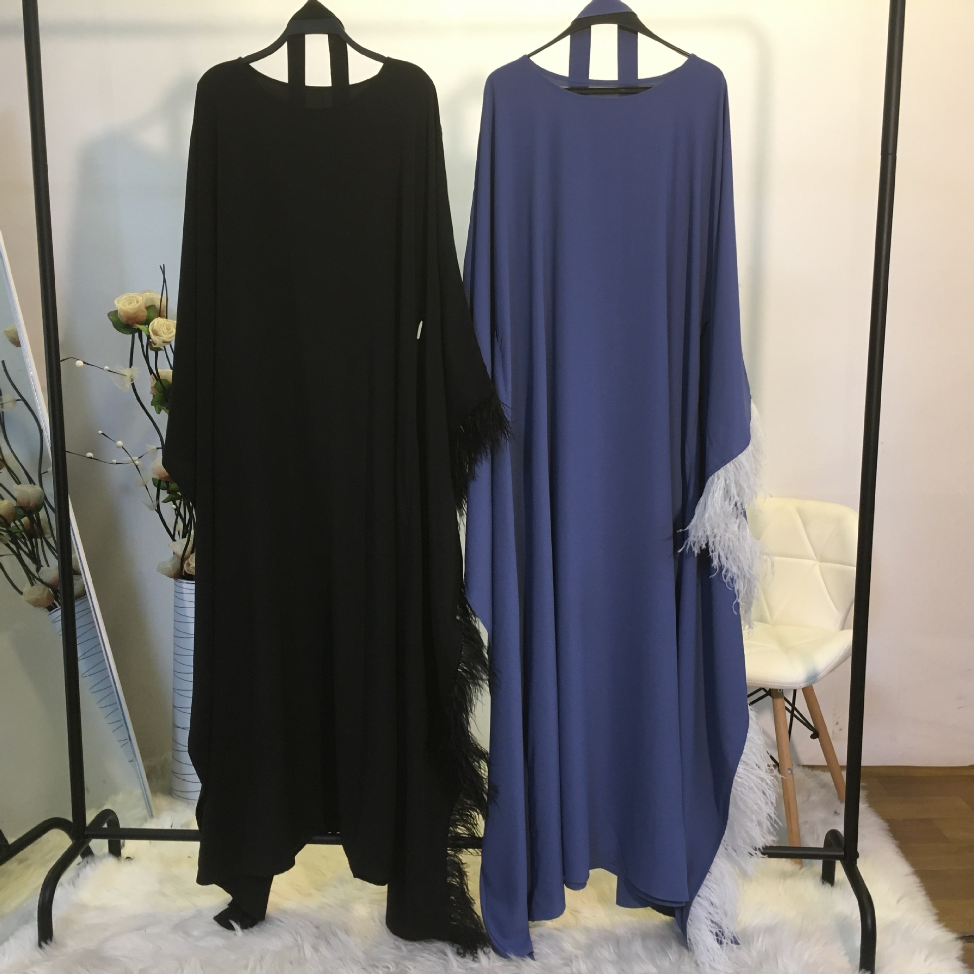 Cross-border Fashion Stitching Feather Elegant Loose Plus Size Muslim Robe Bat Sleeve Women's Dress