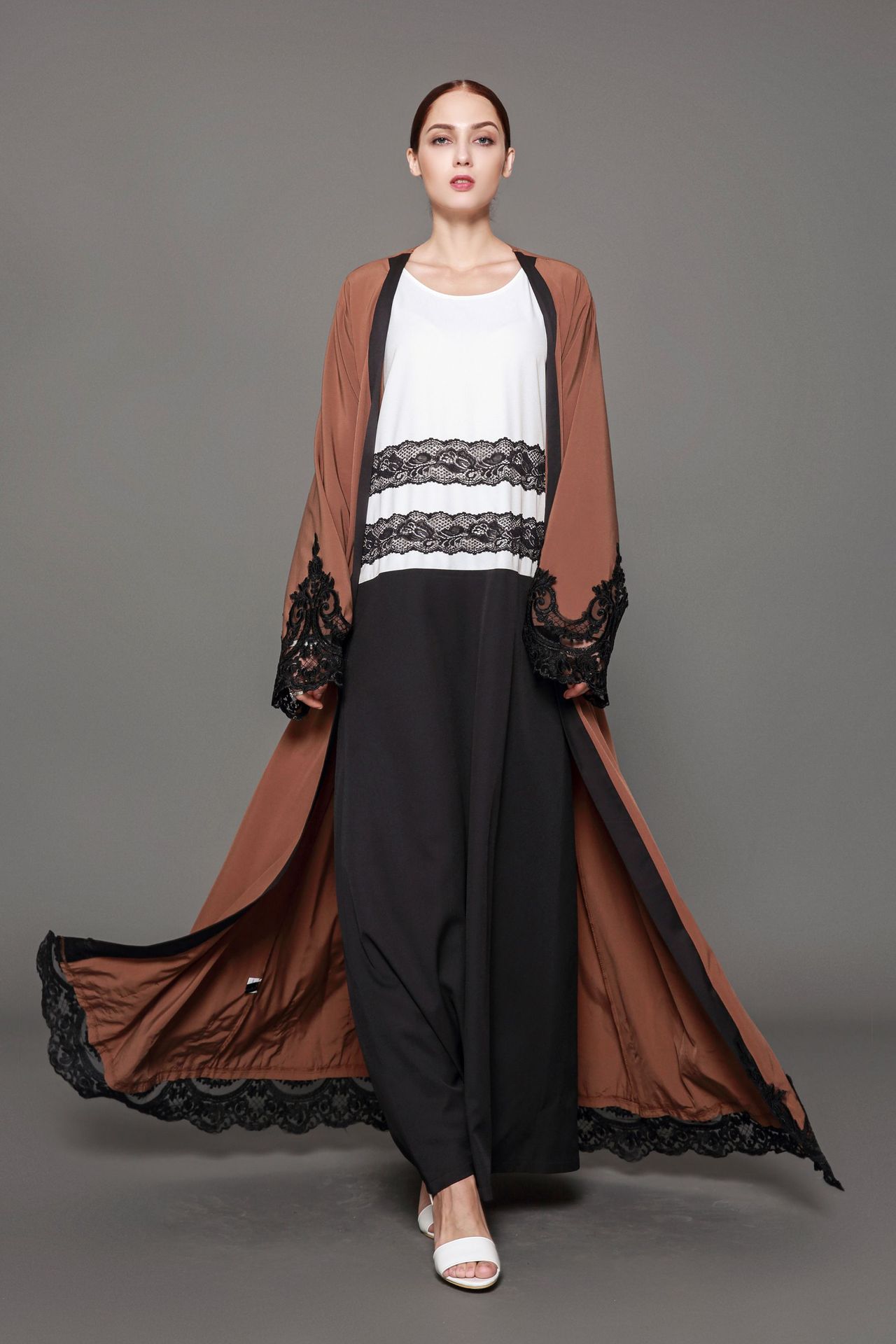 Arab Clothing Muslim Cardigan Worship Fashion Robe Dark Brown Plus Size Dress