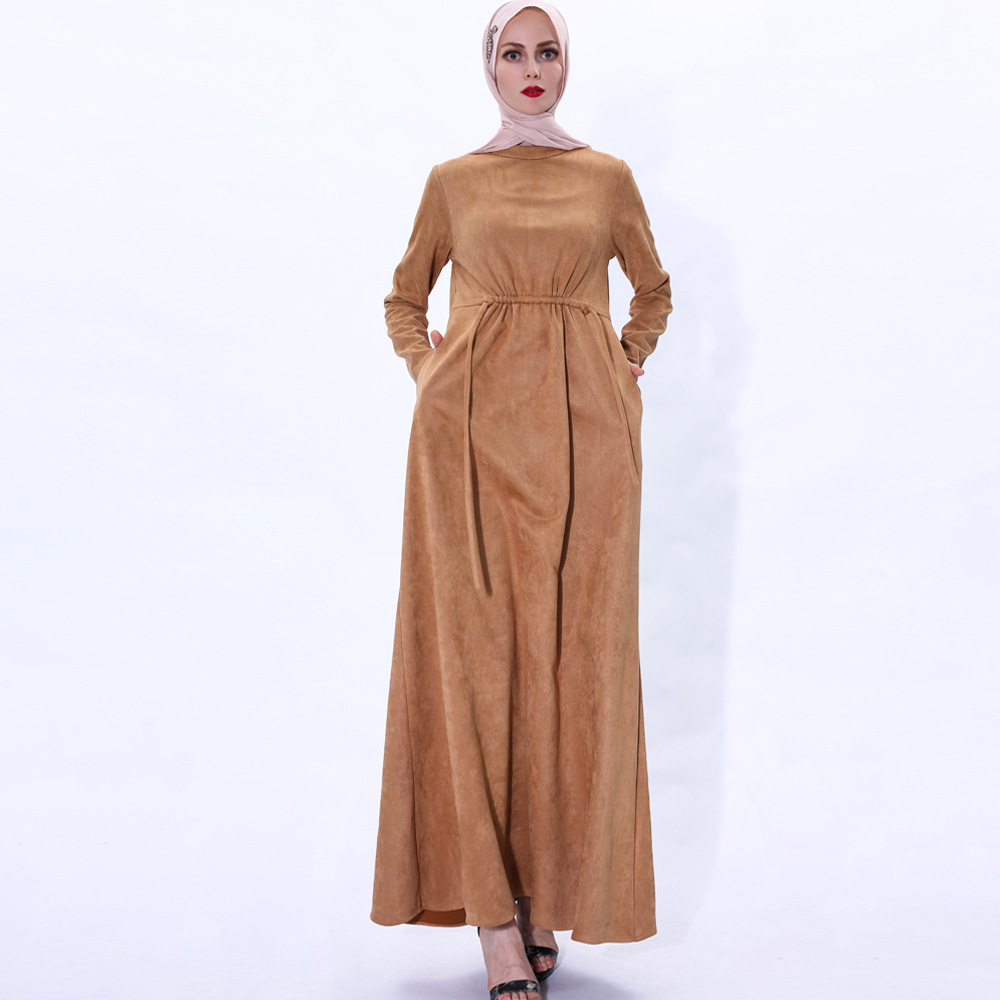 Autumn And Winter Fashion Muslim Women's Long Skirt Suede Warmth And Thin A-line Dress Temperament Abaya Cross-border