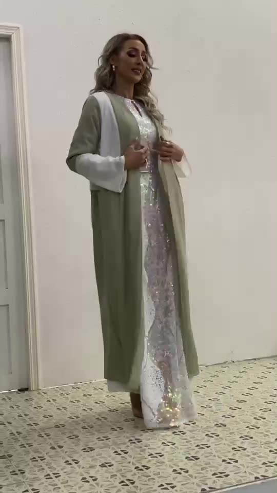 2022 Muslim Southeast Asia New Arab Solid Color Stitching Fashion Simple Belt Pocket Loose Elegant Middle East Jacket