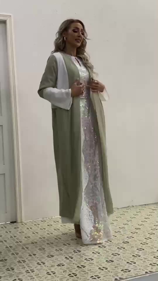 2022 Muslim Southeast Asia New Arab Solid Color Stitching Fashion Simple Belt Pocket Loose Elegant Middle East Jacket