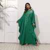2022 Muslim New Spring Green Elegant Loose Embroidered Bat Sleeve Round Neck Long Robe