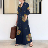 2022 Muslim Plus Size Women's Cotton And Linen Printing Lapel Long-sleeved Pockets Simple Loose Literary Leisure Long Shirt Dress