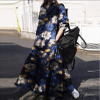 2022 Spring And Autumn Fashion Plus Size Women's Cotton Linen Printed Retro Big Swing Stand Collar Loose Dress Muslim Clothes