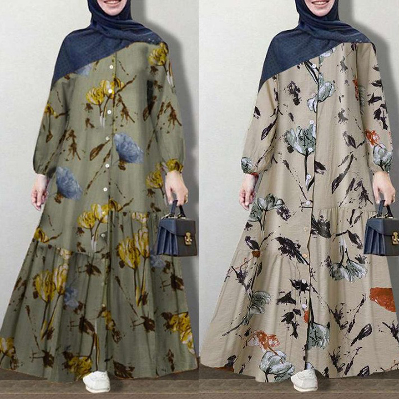 2022 Muslim Cotton and Linen Printed Round Neck Button Bubble Long Sleeve Elastic Cuffs Fashion Loose Casual Dress