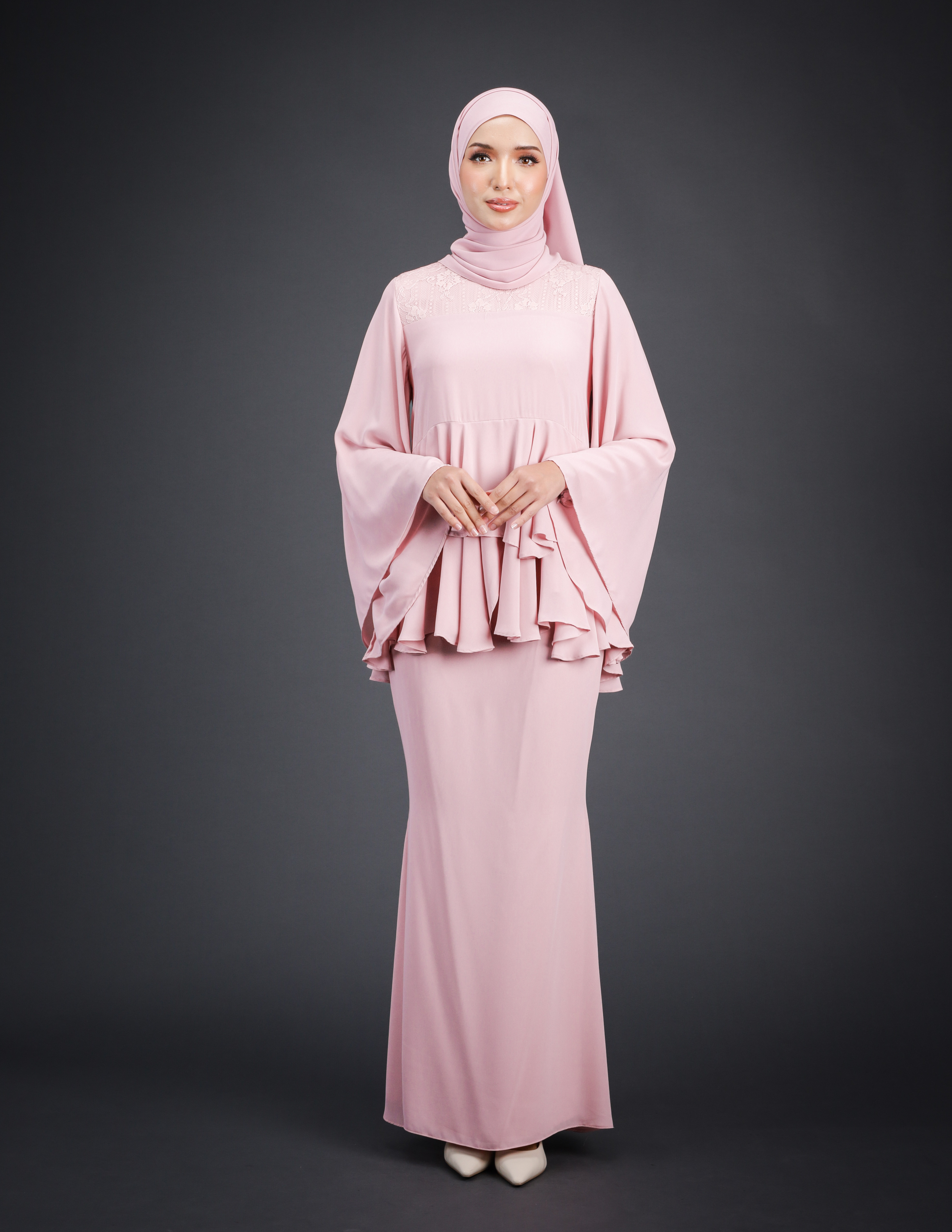 SIPO New Design Lace Round Neck Chiffon with Lining Mini Baju Kurung Malaysia Women Muslim Dress Flare Sleeve Mini Kurung