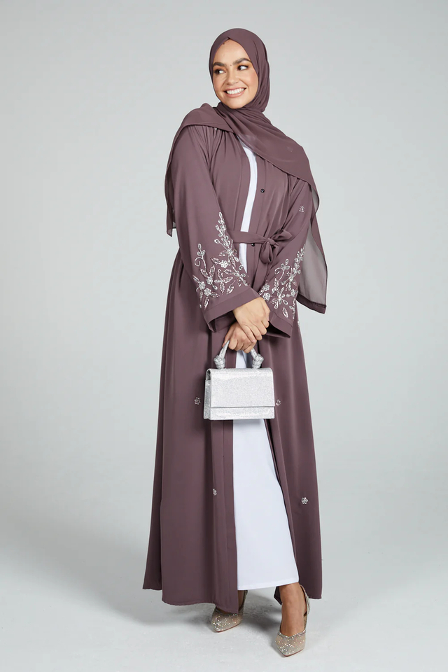 SIPO Full Pearls Design Sleeve with beautiful Celestial Floral Embellished Kimino Islamic Muslim Dress Front Open Abaya