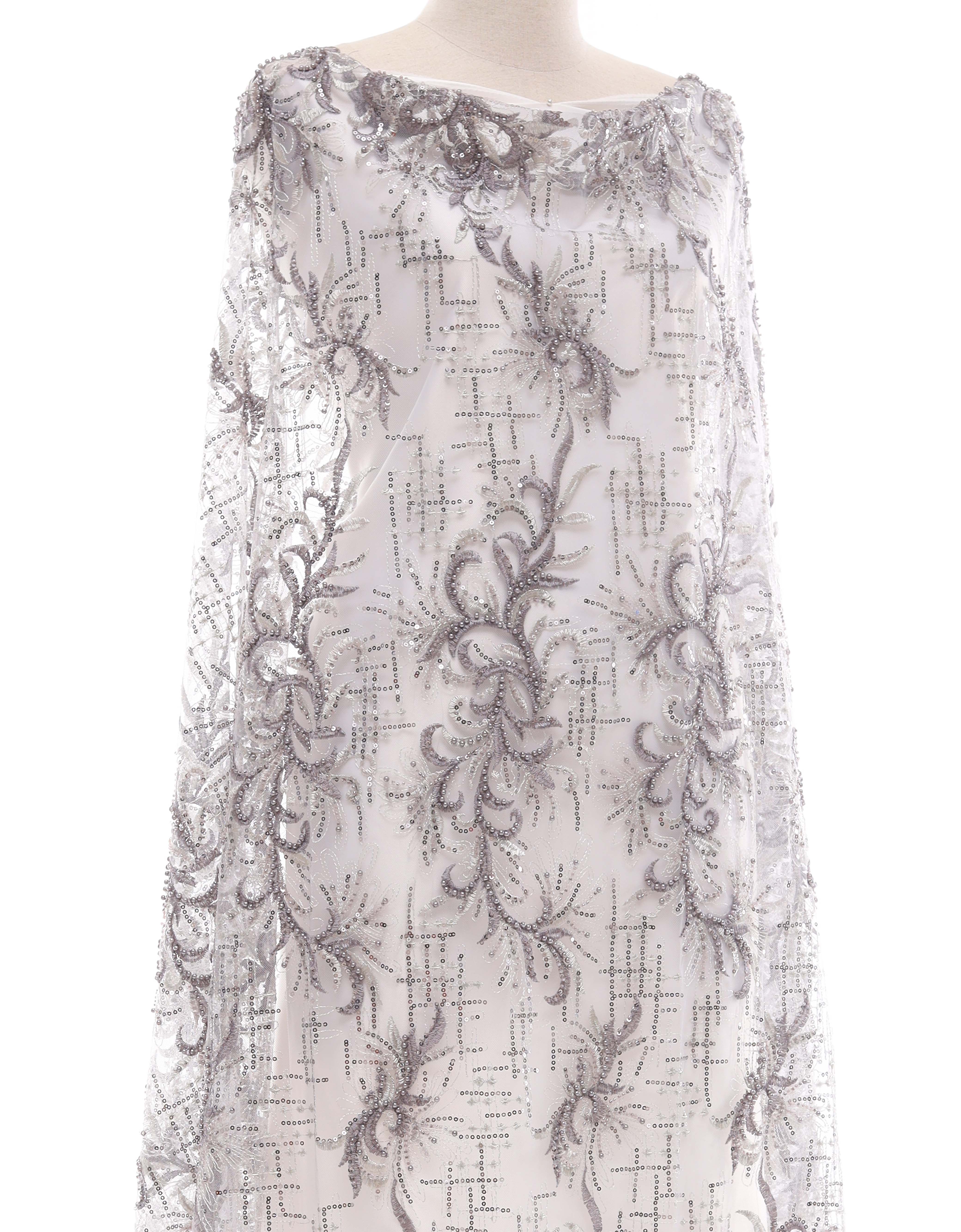 Embroidery Lace PEARL BEADED LACE IN CHARCOAL GREY