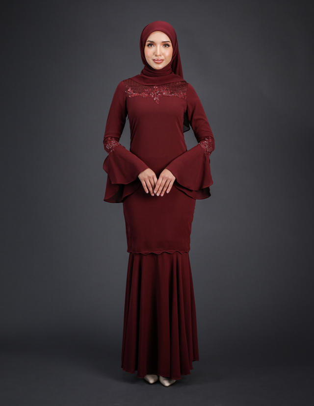 SIPO Fashionable Full-Length Pleated Baju Kurung French Lace And Patches Beaded Lace Islamic Clothing Muslim Dress