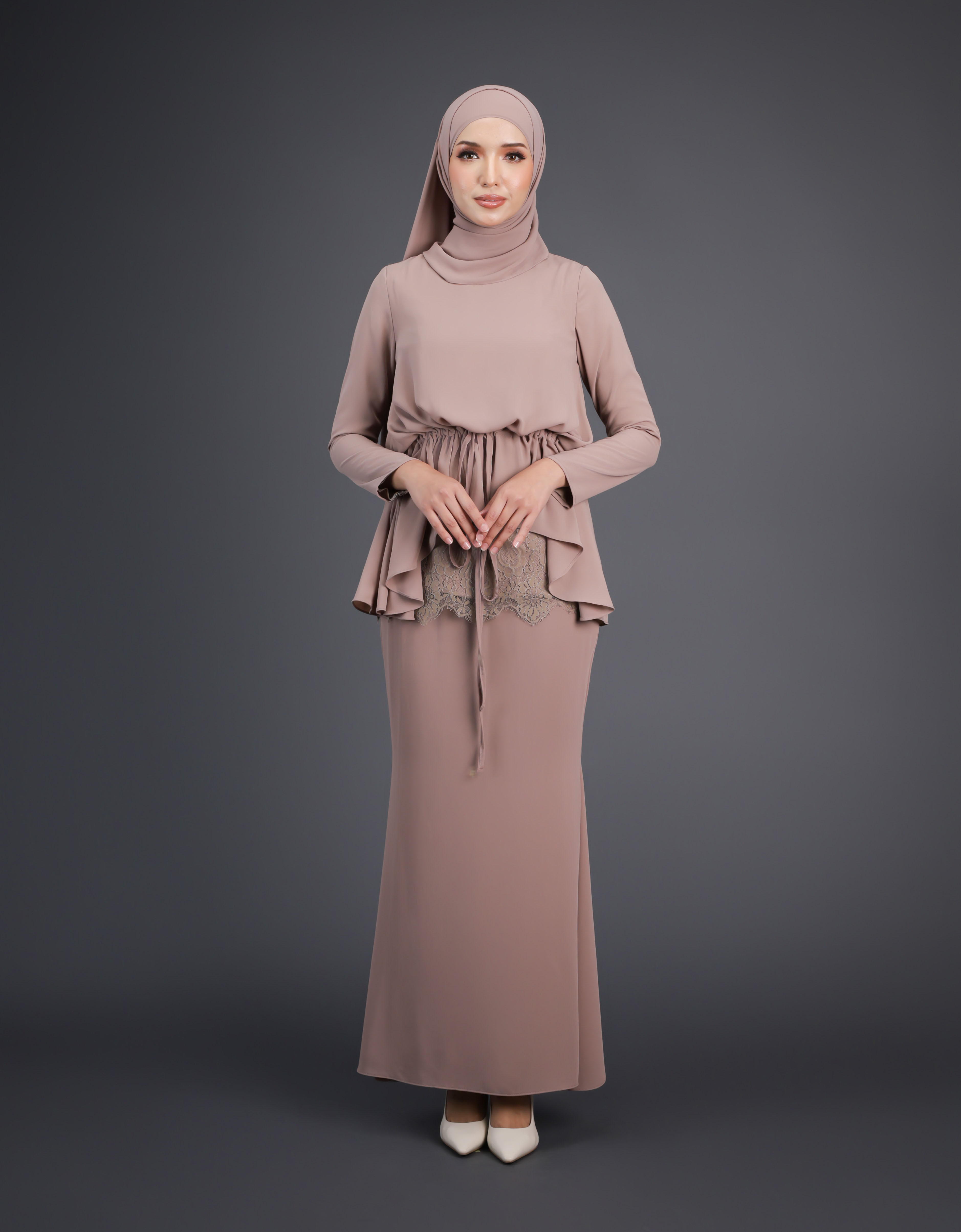 SIPO New Design Malaysia's Chic Elegance Mini Kurung with Tied Knot Waistline And Soft French Lace Accents Baju Kurung Modern