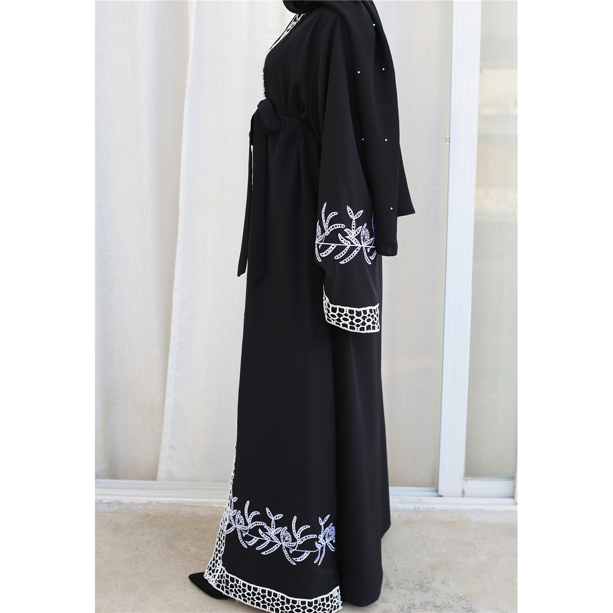 Eid Al-Fitr Middle East Islamic Dubai Stitching Lace Embroidery Cardigan Muslim Open Abaya (5)