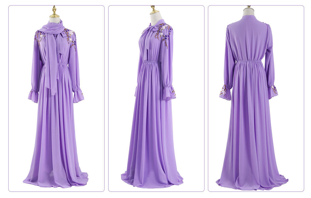 Purple Elastic Waist Abaya Design Hijab Dresses Islamic Clothing For Party (7)