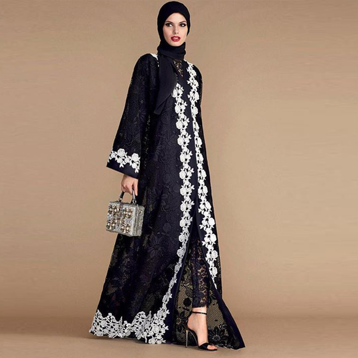 Middle East Black Lace Stitching White Lace Dubai Islamic Turkish Modest Cardigan Kimono