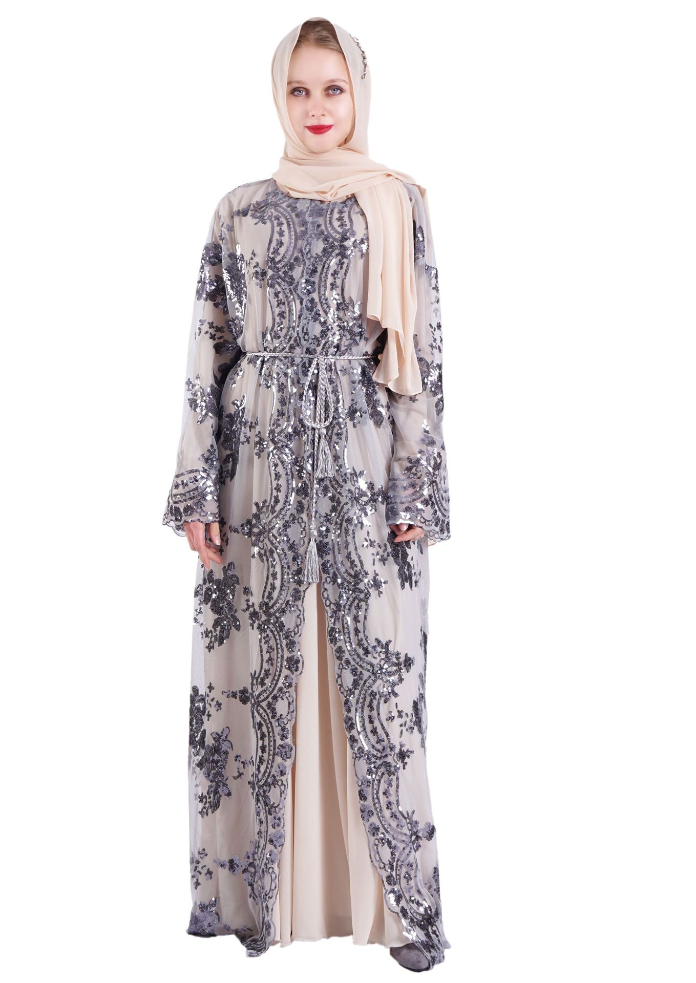 Floral Sequined Round Neck Kimono Muslim Dubai Maxi Robes Dresses Front Open Abaya (14)